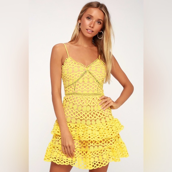 Lulus Dresses & Skirts - Lulus Beauty and Lace Yellow Crochet Lace Mini Dress! Size small